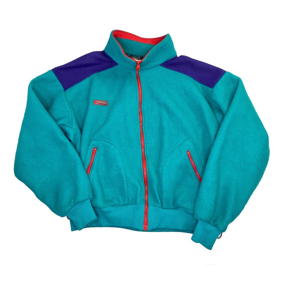 Columbia Color Block Mens Zip Pile Fleece Anorak Jacket Green Purple Large VTG